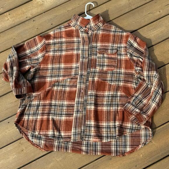Umgee 1XL Burnt Orange Rust Plaid Hi-Lo Loose Fit Flannel Button Down Shacket - Picture 5 of 12
